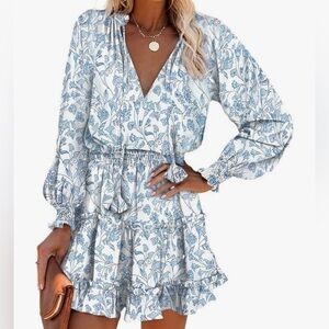 Spring Summer Floral Print Split V Neck Ruffle Dress